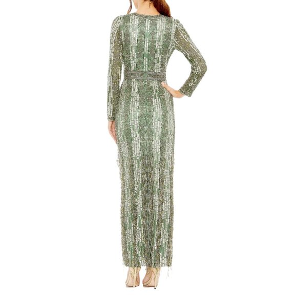 Mac Duggal 5981 Size 18 Green High Neck Long Sleeve Fringe Column Gown Dress NWT - Picture 4 of 4